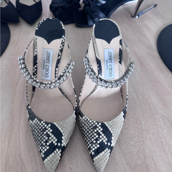Jimmy Choo Black & Beige Python-Print Crystal Slingback Pumps
